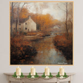 Autumn Stream Running Through a Village – Rustic Fall Landscape Oil Painting Print on Ready to Hang 1.5" Thick Canvas Wrap, Floating Framed Canvas, Flat Rolled Canvas